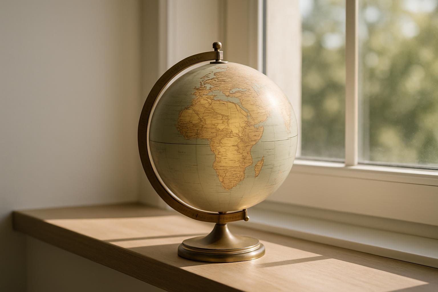 A close-up of a decorative globe in a sunlit window, featuring a world map with south Africa in the center.